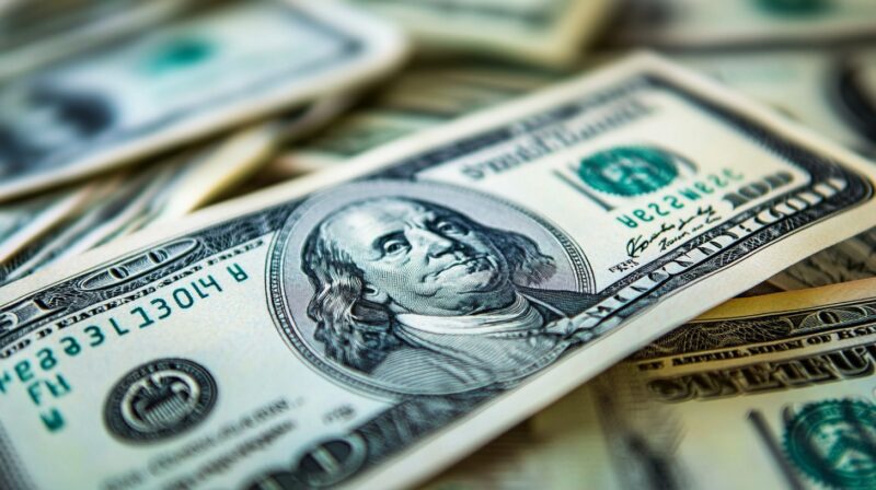 Gomila američkih novčanica od 100 dolara sa likom Bendžamina Frenklina u fokusu