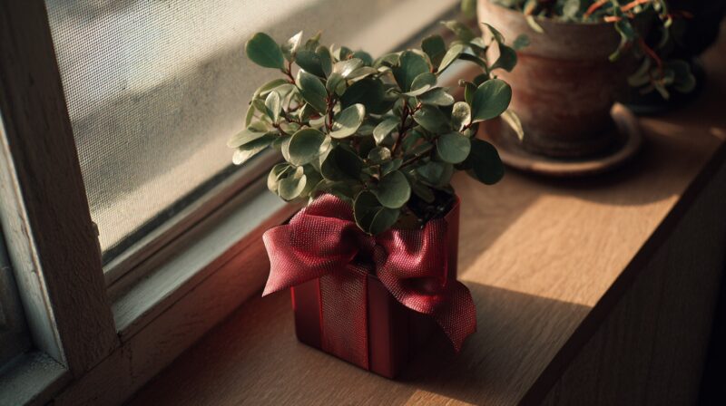 Mala sobna biljka u dekorativnoj crvenoj saksiji sa mašnom, postavljena na prozorsku dasku