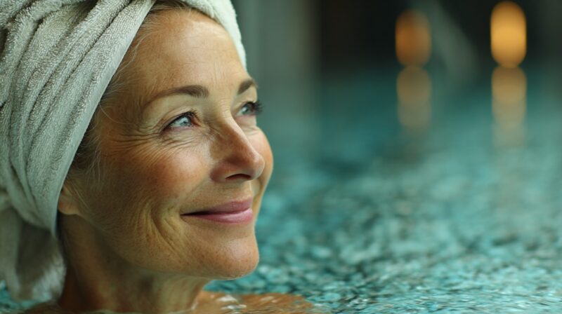 Nasmejana žena u spa okruženju, sa peškirom umotanim oko glave, dok se odmara u vodi