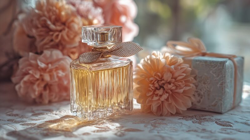 Kristalna bočica parfema okružena cvećem i poklon kutijom na osvetljenom stolu