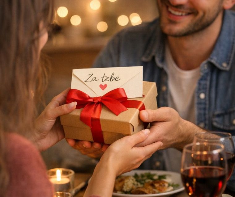 Devojka daje kutijicu sa poklonom dečku za rođendan