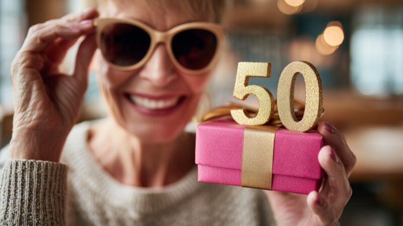 Žena sa naočarama drži rođendanski poklon sa zlatnom brojkom 50. - Šta kupiti ženskoj osobi za 50. rođendan