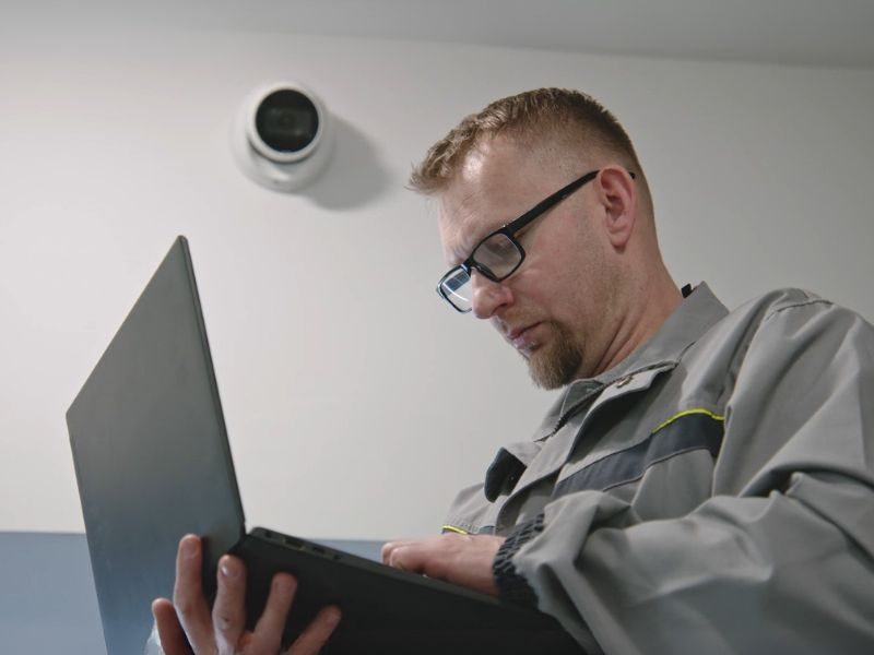 Čovek proverava preko laptopa kako radi kamera za video nadzor, u pozadini beli zid na kome je kamera