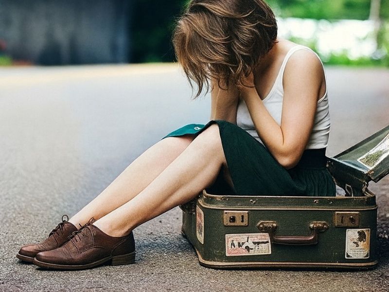 devojka sedi na otvorenom koferu i plače