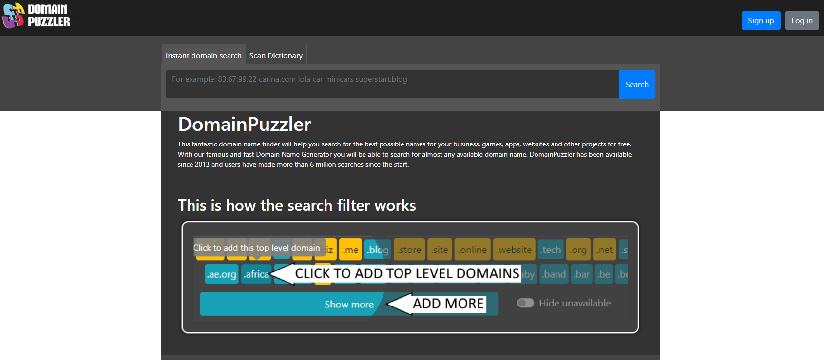 Snimak ekrana DomainPuzzler generatora i pretrage domena