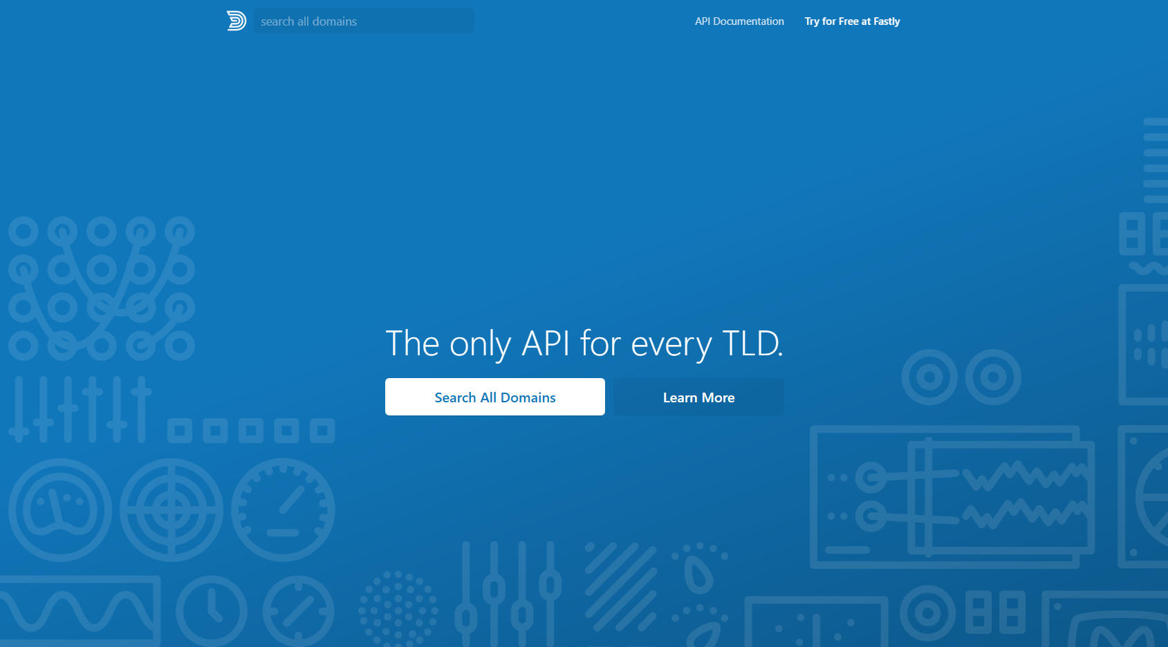 Snimak ekrana Domainr stranice za pretragu domena sa plavom pozadinom i dugmadima za pretragu.