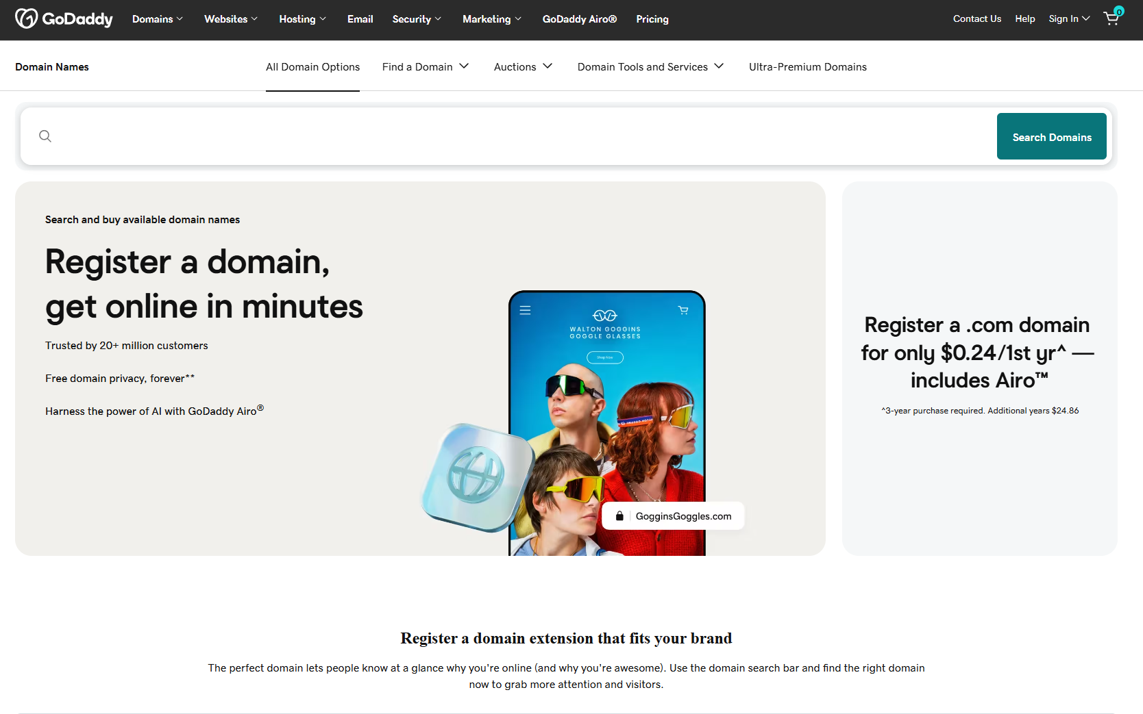 Snimak ekrana GoDaddy stranice za pretragu i registraciju domena.