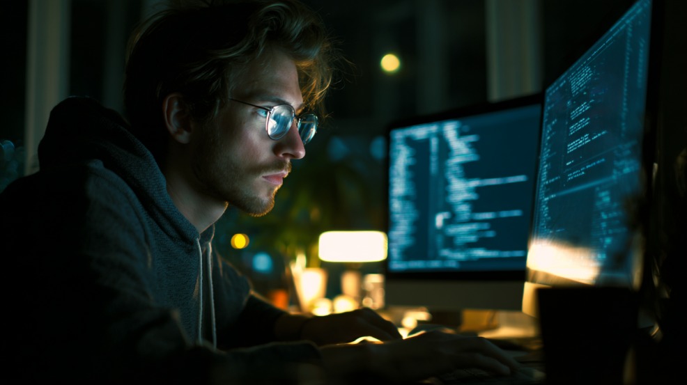 Programer radi noću za računarom ispred dva monitora sa prikazanim kodom, u mračnoj prostoriji osvetljenoj samo ekranima i stolnom lampom