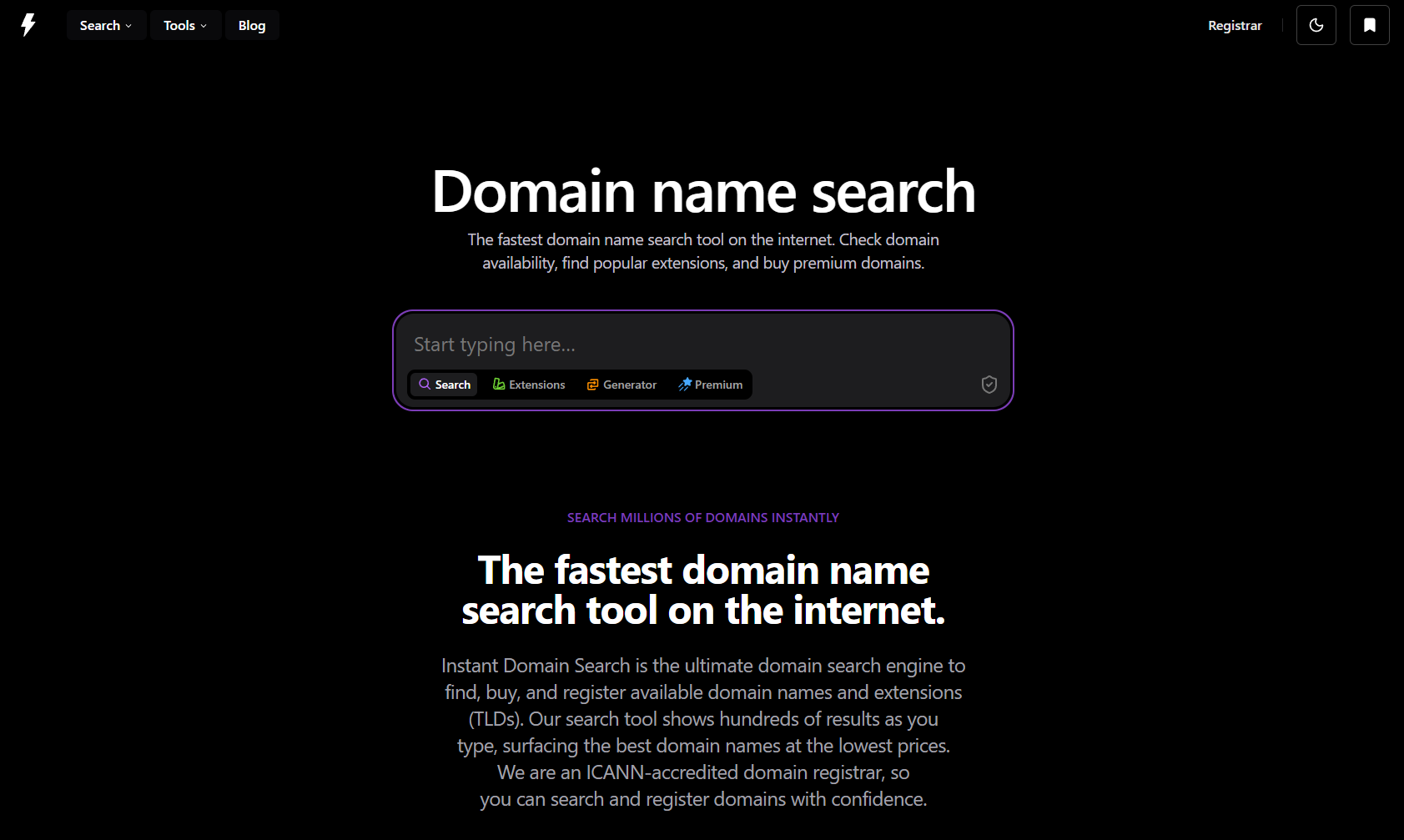 Snimak ekrana alata za pretragu domena Instant Domain Search.