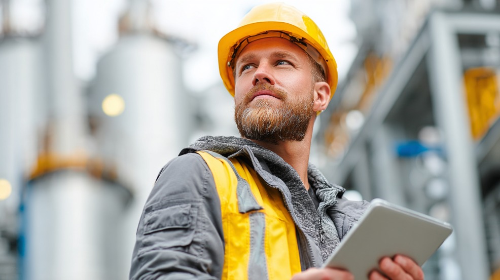 Radnik u zaštitnoj opremi i žutom šlemu drži tablet i gleda u stranu dok stoji u industrijskom okruženju sa čeličnim konstrukcijama u pozadini