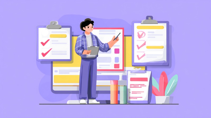 Ilustracija osobe koja stoji ispred digitalnih lista zadataka i formulara.