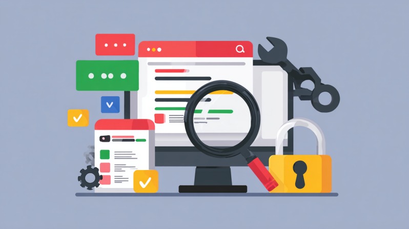 Ilustracija računara sa alatima kao što su lupa, zaključavanje i ikone podešavanja, koji simbolizuju proveru dostupnosti domena i sigurnost.