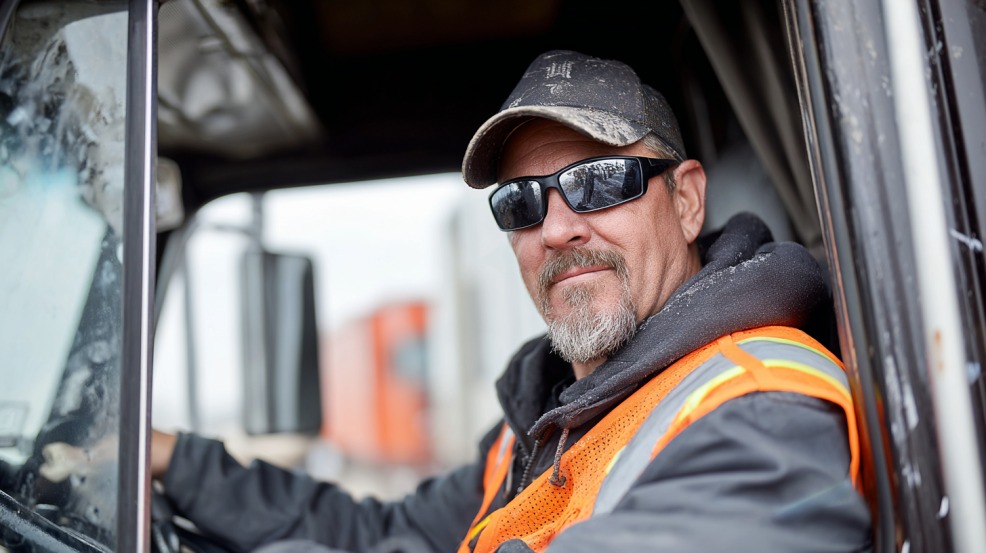 Vozač kamiona sa naočarima za sunce i reflektujućim prslukom sedi u kabini teretnog vozila i gleda u kameru