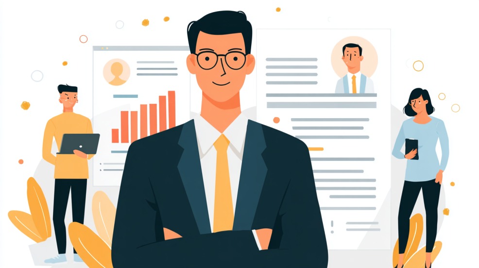 Ilustracija poslovnog menadžera sa grafikonima i biografijama u pozadini, uz dvoje ljudi koji rade na svojim uređajima