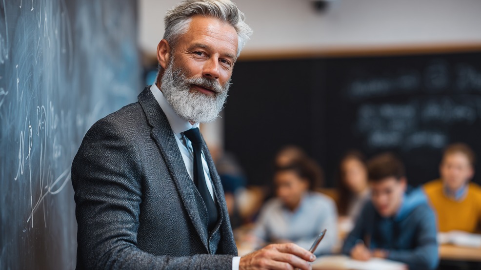 Profesor koji stoji pored table u učionici, sa učenicima koji rade u pozadini