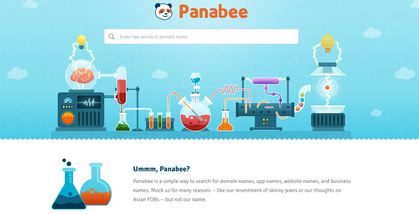 Snimak ekrana Panabee generatora domena sa ilustracijama laboratorijskih aparata.