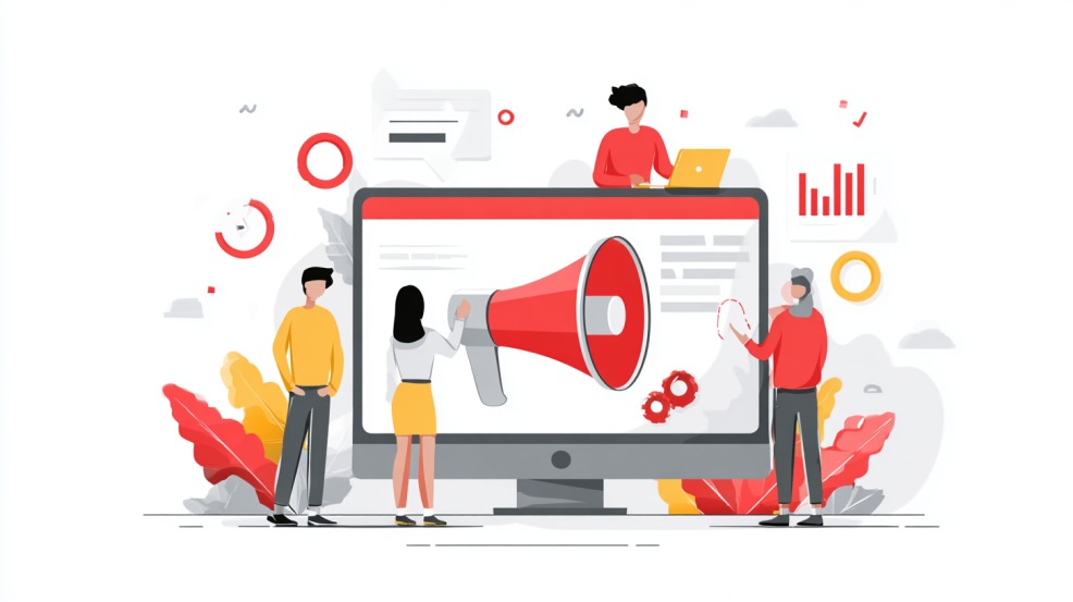Ilustracija ljudi koji stoje oko velikog monitora na kojem je prikazan megafon, simbol digitalnog marketinga