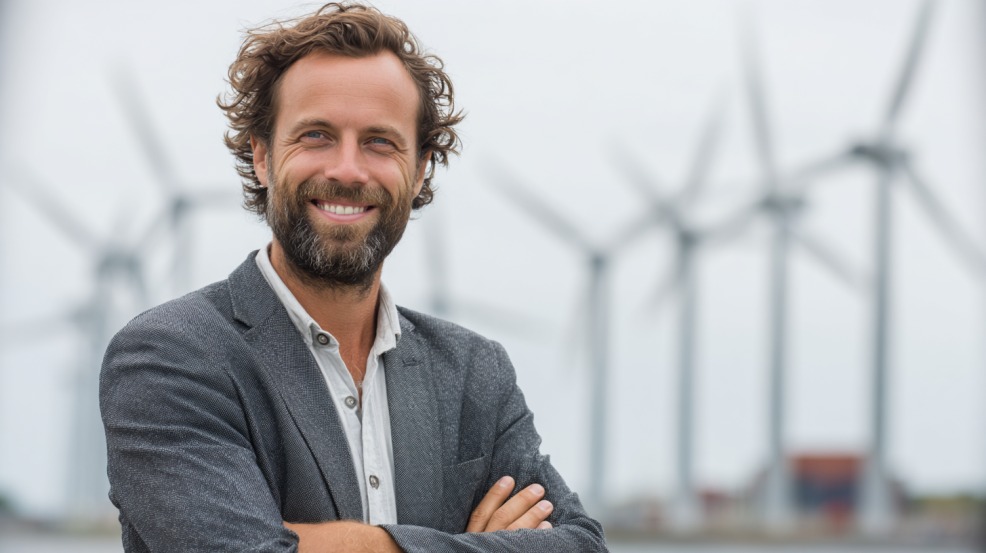 Smešeni muškarac u poslovnoj odeći stoji ispred vetroturbina u vetroparku