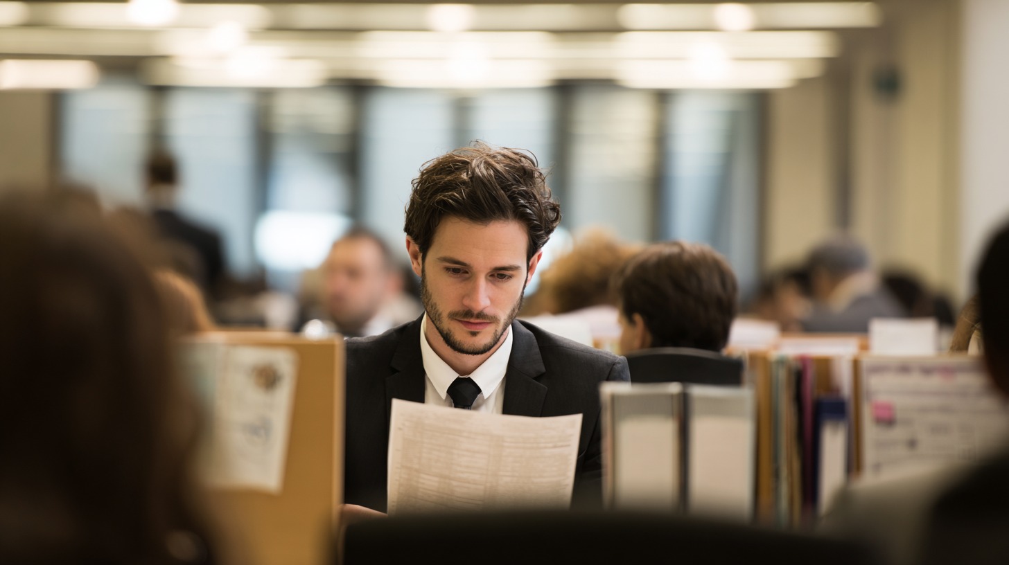 Muškarac u poslovnom okruženju čita dokument u kancelariji punoj zaposlenih, simbolizujući konkurentno tržište rada u Nemačkoj.