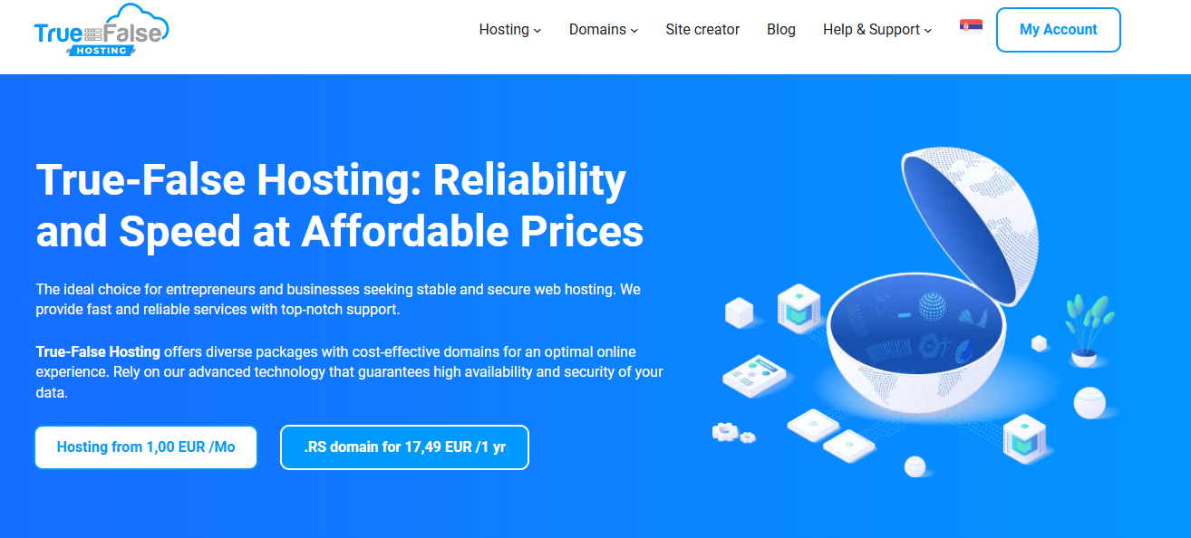 Snimak ekrana početne stranice True-False Hosting platforme.