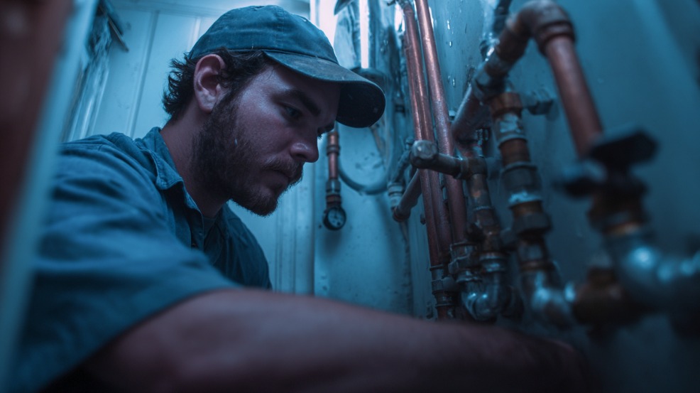 Vodoinstalater radi na cevima u uskom prostoru, fokusiran na popravku instalacije