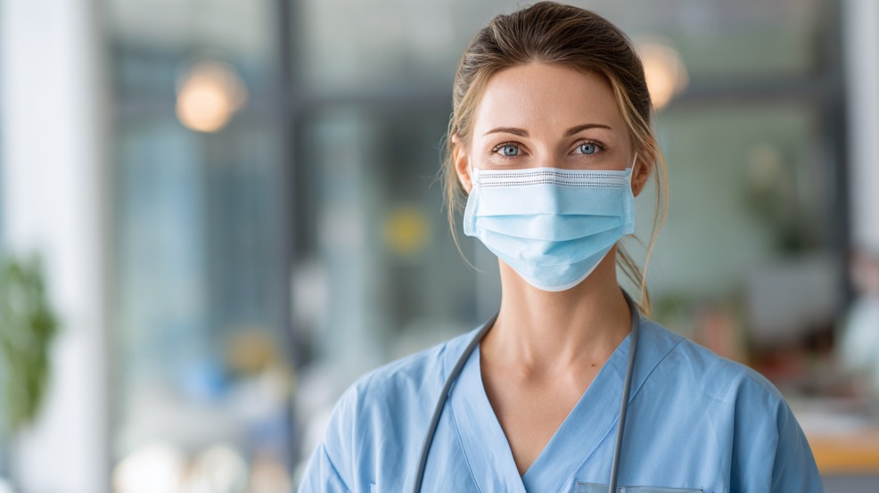 Medicinska sestra u plavoj uniformi i zaštitnoj maski gleda u kameru u svetlom bolničkom okruženju