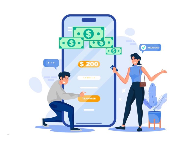 islutracija momka i devojke koji prebacuju bezvezdno novac sa telefona i online banke