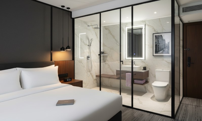 Moderna hotelska soba sa kupatilom i staklenim vratima