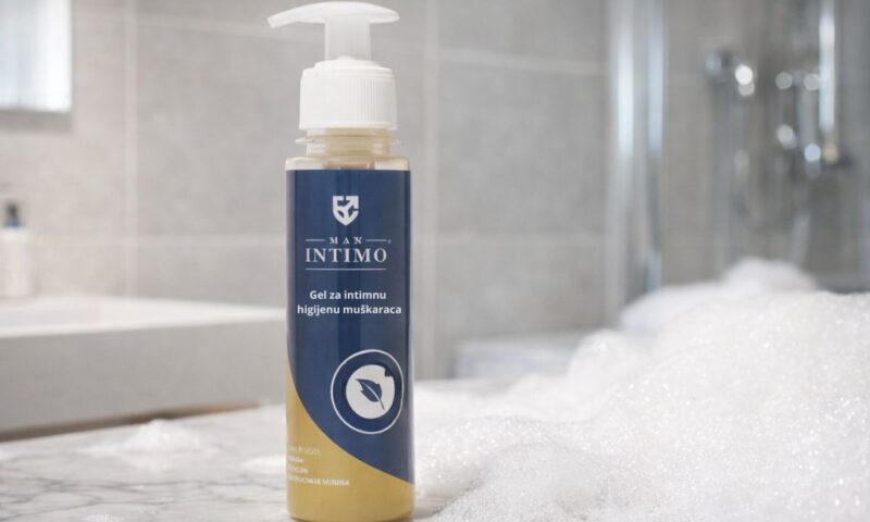 Prikaz Man intimo gela u kupatilu sa penom oko njega