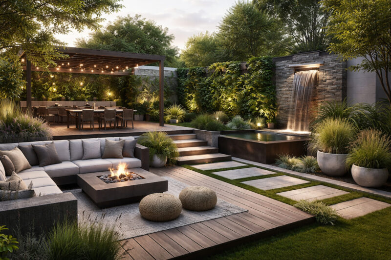 Moderno uređeno dvorište sa drvenom terasom, pergolom, spoljnim nameštajem i vodenim elementom okruženo zelenilom