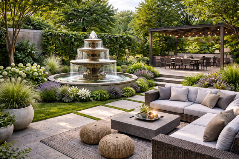 Uređeno dvorište sa kamenom fontanom, zelenilom, popločanim stazama i garniturom za sedenje na otvorenom