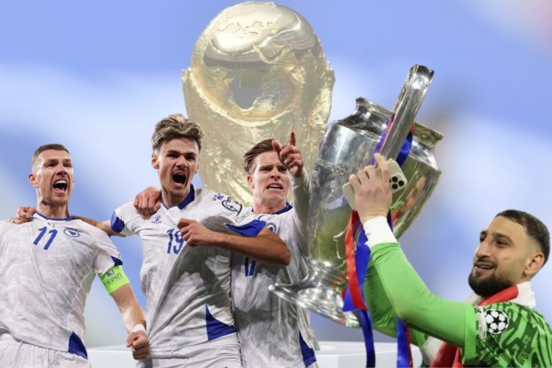 prikaz bosanskih igrača i italijanskog igrača u fudbalu koji drži pehar, u pozadini svetsko prvenstvo