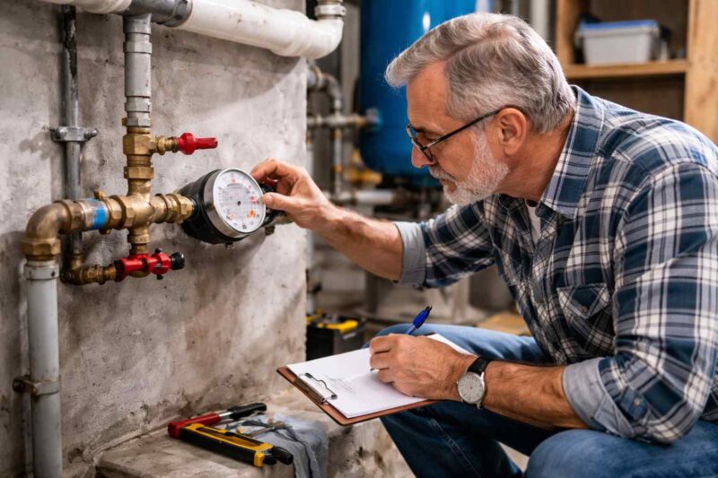 Covek koji proverava potrosnju vode na vodomeru