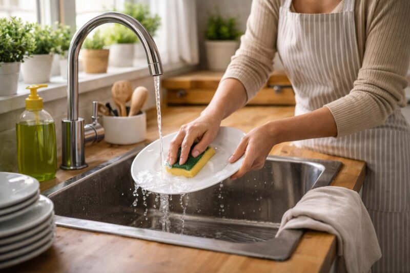 Zena koja pere sudove, ali joj je pustena voda da tece