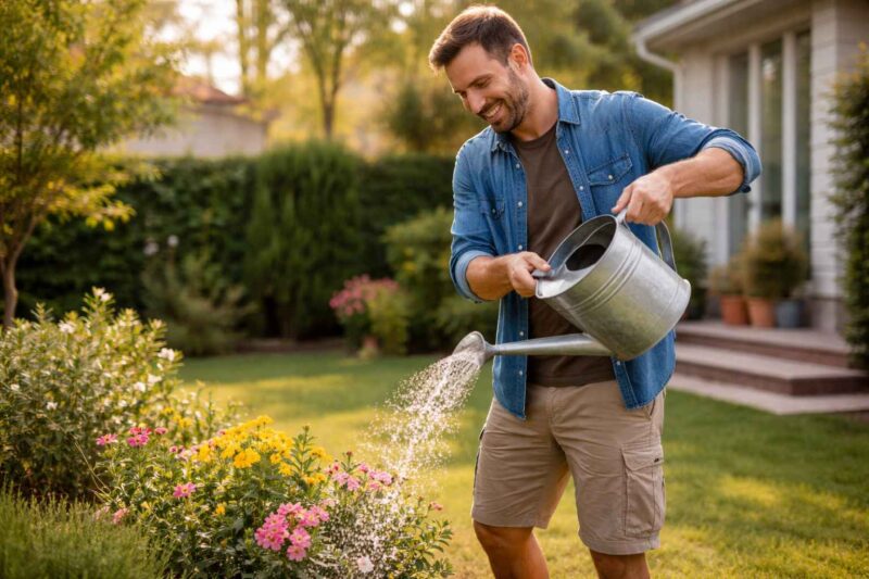 Covek koji iz kantice zaliva cvece