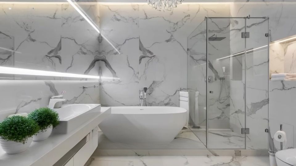 Savremeno uređeno kupatilo sa minimalističkim dizajnom i modernim elementima