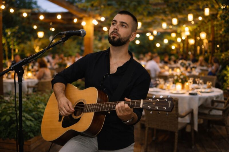 Akustična muzika u izvođenju muškarca sa kratkom kosom i bradom u toplom spoljnjem ambijentu restorana sa svetlima i gostima u pozadini