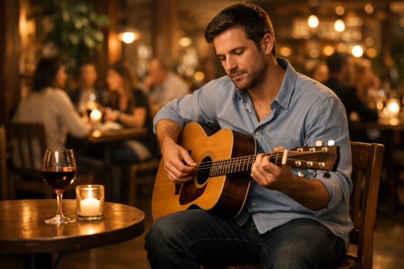 Muškarac svira akustičnu gitaru u restoranu uz sveće i čašu vina