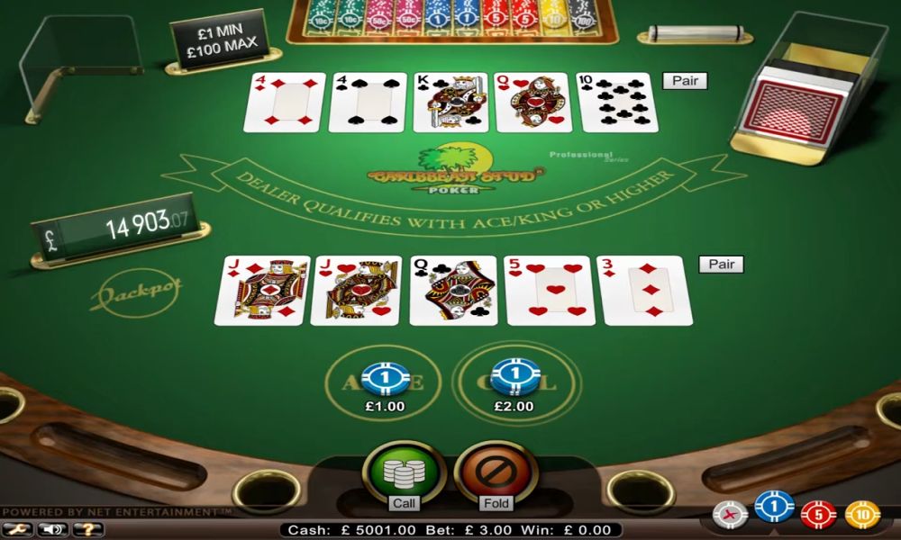 Prikaz poker stola sa kartama i opcijama call i fold u Caribbean stud pokeru