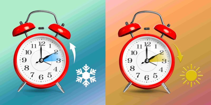 Dva crvena budilnika sa oznakama zime i leta