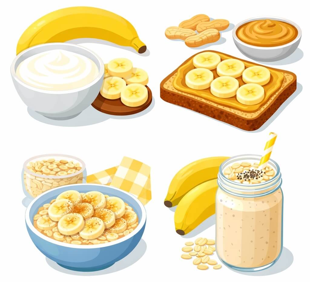 Ilustracija četiri brza obroka sa bananom , grčki jogurt, tost sa bananom i puterom od kikirikija, ovsena kaša i smuti