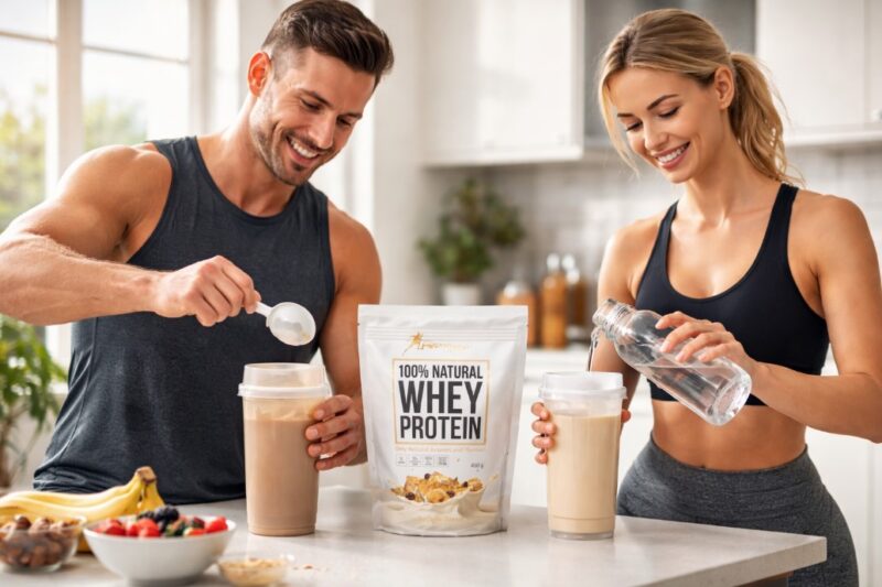 Muškarac i žena u sportskoj opremi u kuhinji pripremaju whey protein šejk koristeći proteinski prah, vodu i šejkere.