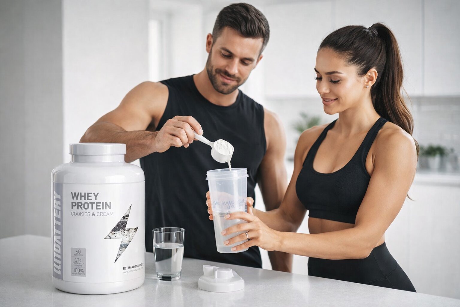 Muškarac i žena u sportskoj opremi pripremaju whey protein shake u kuhinji, uz posudu whey proteina na pultu