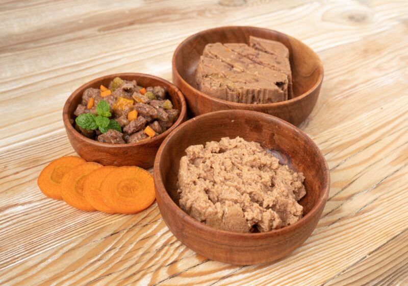 Tri vrste hrane za pse u drvenim činijama sa šargarepom pored na drvenoj površini