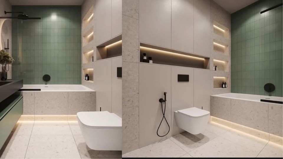Moderno kupatilo sa ugrađenim svetlima i ambijentalnim osvetljenjem u nišama