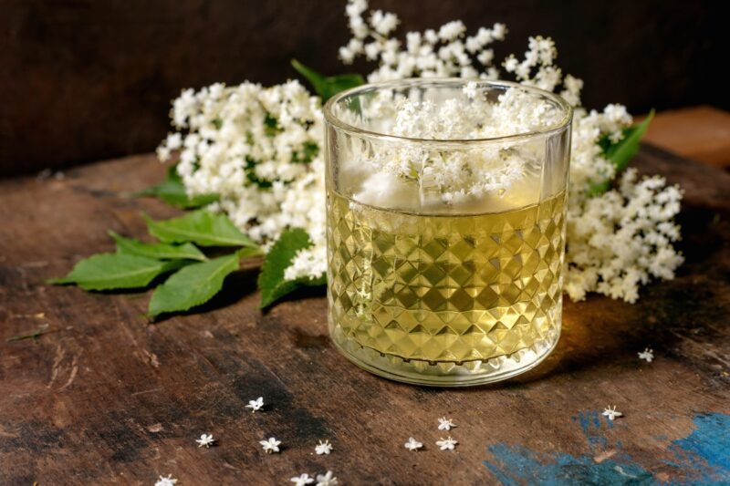 prikaz soka od zove u časi i na drvenom stolu listovi zove