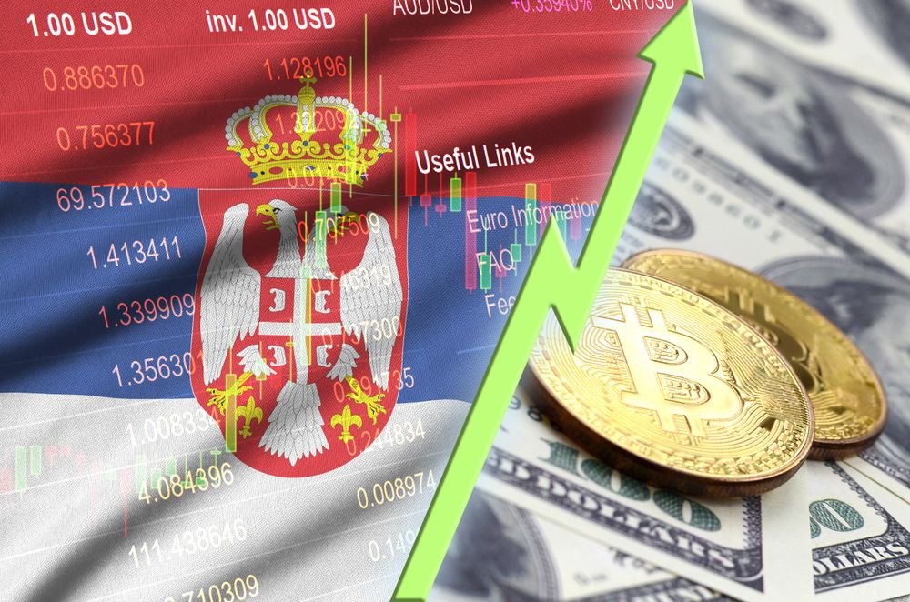 Bitcoin i finansijski grafikoni preko zastave Srbije koji simbolizuju regulaciju kriptovaluta