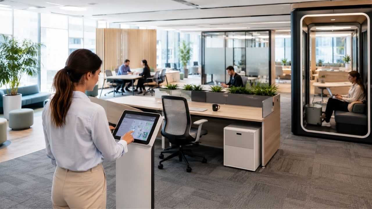 Agile kancelarija sa hot desking konceptom, zaposleni rezerviše radno mesto putem digitalnog sistema, dok se u pozadini vide fleksibilne radne zone, sale za sastanke i fokus prostorije u modernom poslovnom okruženju.