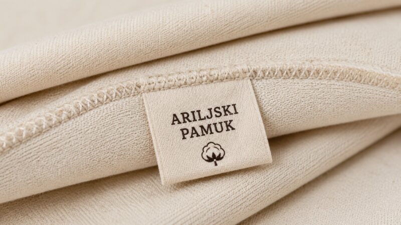 Etiketa sa natpisom „ARILJSKI PAMUK“ na složenom pamučnom materijalu koji simbolizuje tekstilnu tradiciju Arilja.