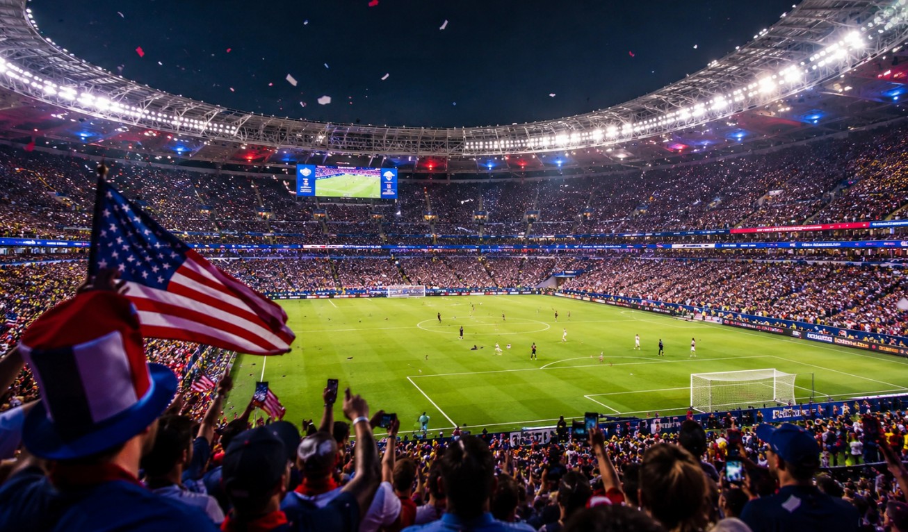 Navijači na tribinama velikog osvetljenog stadiona gledaju fudbalsku utakmicu